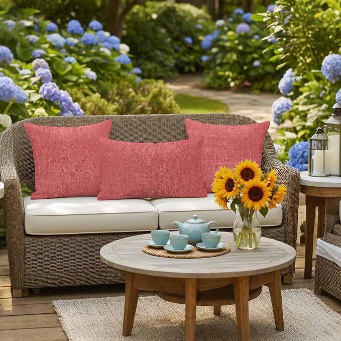 Outdoor Waterproof Throw Pillow Covers Set of 2 Coral Red Linen Pillowcases 16x16 Inches Farmhouse Pure Color Decorative Pillows Cushion Case Patio Pillows for Couch Bed Chair Garden