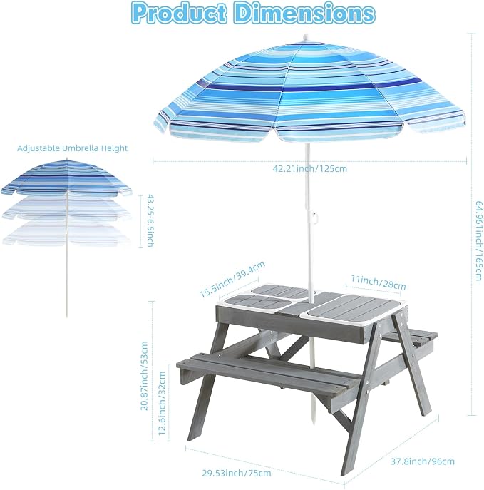 Beright 3-in-1 Kids Picnic Table, Play Sand and Water Sensory Table with Height Adjustable Umbrella & Removable Tabletop, Kids Wooden Outdoor Table, with 3 Storage Bins, Upgraded