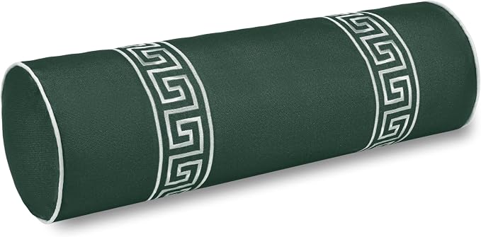 Hofdeco Premium Coastal Grandmillennial Patio Indoor Outdoor Bolster Pillow Cover Only, 8"x24" Water Repellent for Backyard, Couch, Poolside, Forest Green Embroidered Greek Key