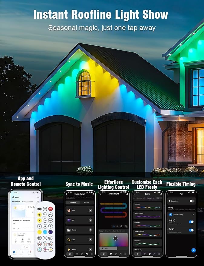 Permanent Outdoor Lights 250FT RGBIC LED Smart LED Lights, App/Remote Control IP68 Waterproof for Holiday Decor, 50 Scene Modes, DIY Lights Lighting Timing for Christmas Halloween Party M2