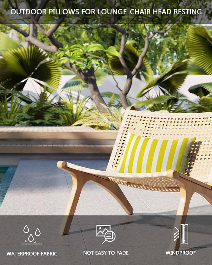 DecorLovee Yellow Striped Outdoor Recliner Pillows for Head, Farmhouse Waterproof Chair Pillow with Elastic Stripe, Yellow White Stripes Chaise Lounge Headrest Pillow for Patio/Pool 1Pack, 11"x16"