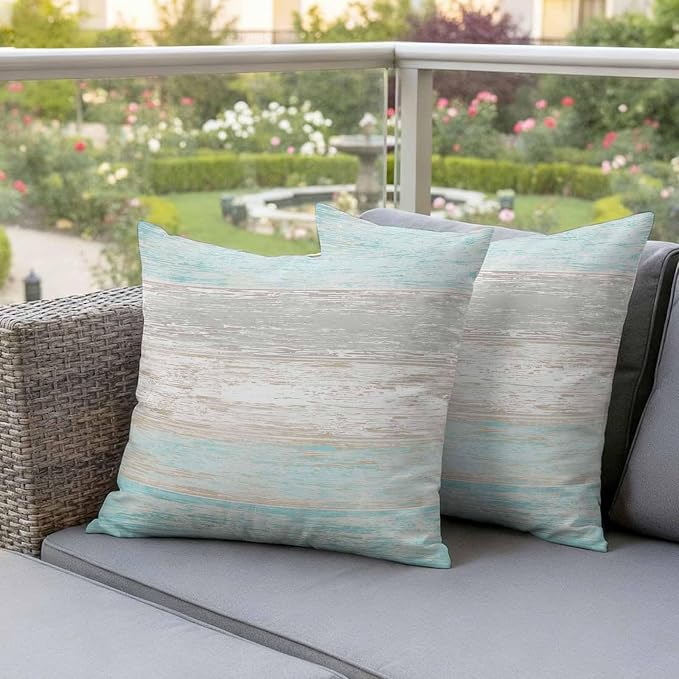 Outdoor Waterproof Throw Pillow Covers, Vintage Teal Grey Decorative Pillow Cases, Farmhouse Barn Wooden Striped Couch Pillow Protector Patio Sofa Cushion Covers Replacement 20"x20" 2 Pack