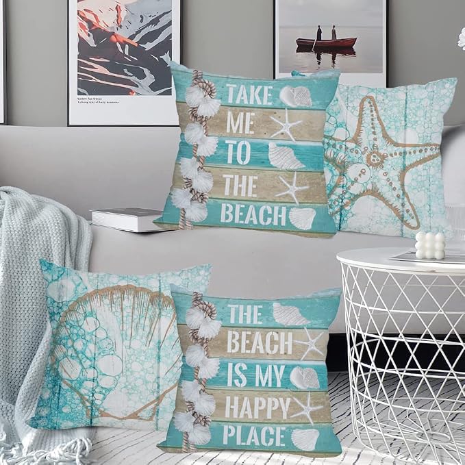 Outdoor Waterproof Throw Pillow Covers 18x18 inch Nautical Wood Beach Starfish Scallop Decorative Pillow Covers Coastal Theme Pillowcase for Patio Furniture Garden Set of 4, Turquoise Blue