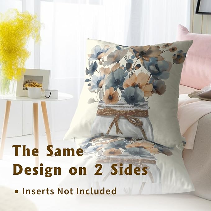 Watercolor Flowers Throw Pillow Covers 20 x 20 in Set of 2 - Grey Tan Beige Flower Mason Jar Rustic Farmhouse Cotton Linen Pillowcase for Couch Bed Sofa Home Decor