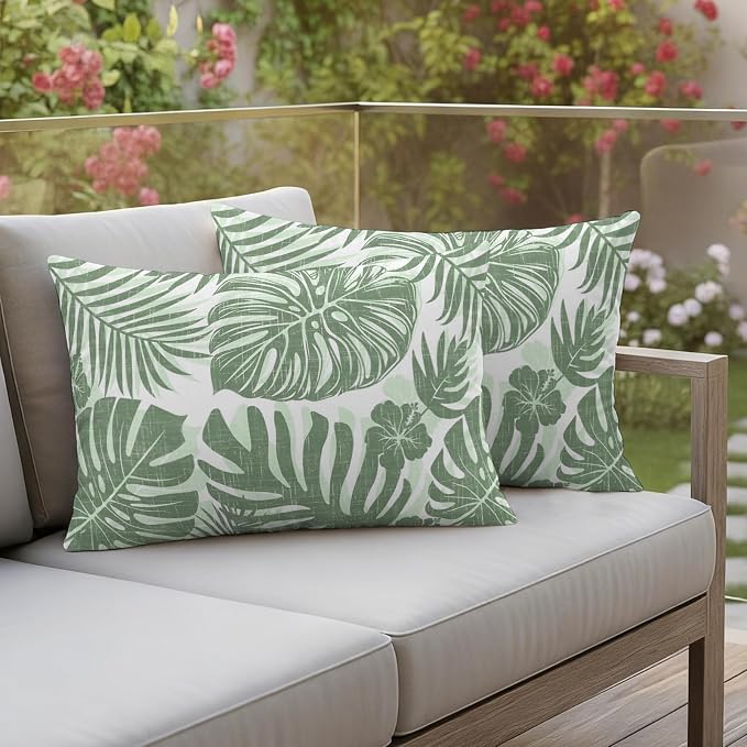 Green Palm Leaves Outdoor Pillow Covers 20"x12" Set of 2, Tropical Botanical Minimalist Modern Waterproof Throw Pillow Covers for Patio Furniture, Decorative Cushion Covers for Porch