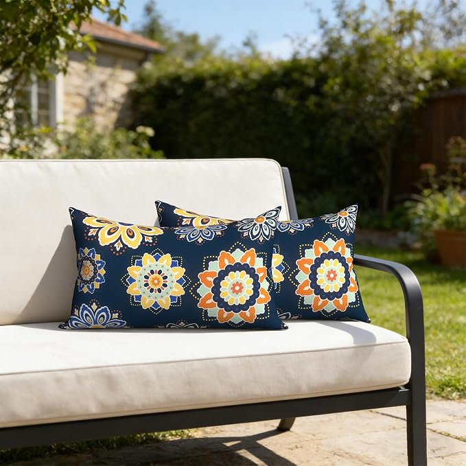12x20 Inch Lumbae Pillow Covers, Rectangle Waterproof Throw Covers Set of 2, Decorative Patio Furniture Cushion Cases for Porch Garden, Bloom Medallion‌Cobalt