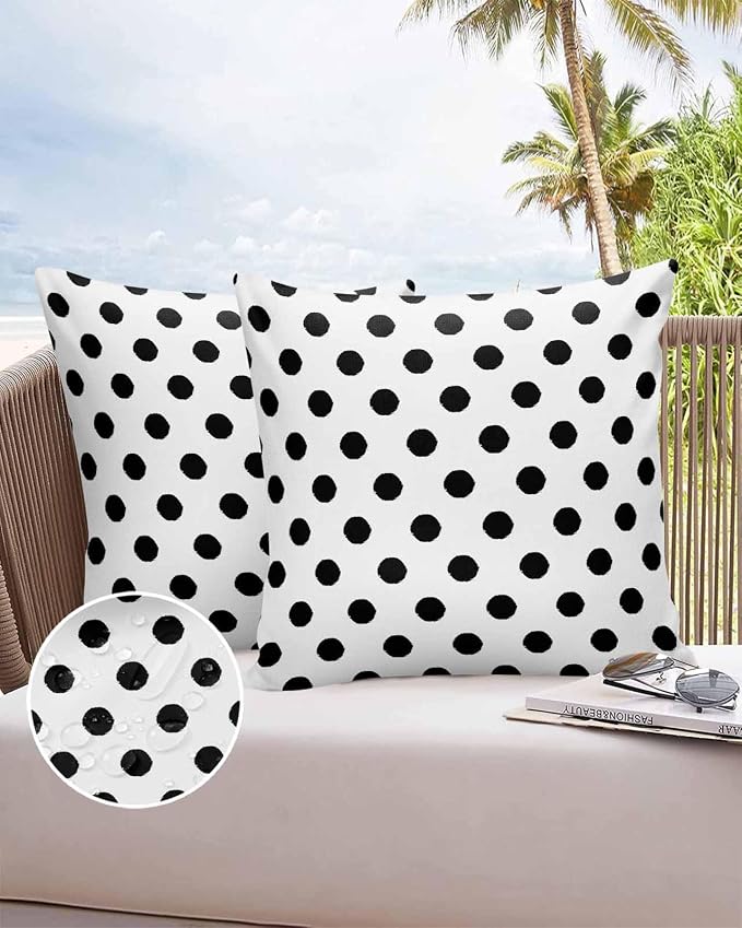 Outdoor Waterproof Throw Pillow Covers Set of 2 Black White Polka Dots Pillowcases 20x20 Inches Cute Solid Color Decorative Pillows Cushion Case Patio Pillows for Couch Bed Chair Garden