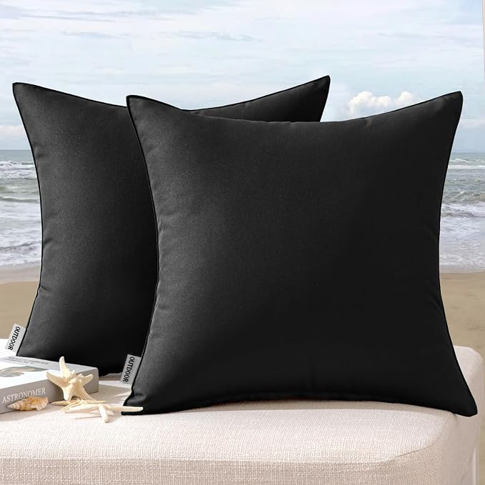 MIULEE Decorative Outdoor Waterproof Pillow Covers 24x24 Black | Decorative Patio Furniture,Pack of 2,Accent Square Euro Soild Throw Pillow Covers,Summer Garden Tent Couch Sofa