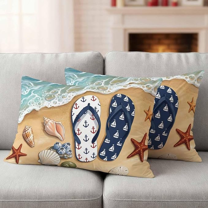 Blue Beige Seaside Outdoor Waterproof Throw Pillow Covers 20x12 Set of 2, Coastal Waves Starfish Summer Beach Nautical Decorative Pillowcases Cushion Pillowcase for Couch Sofa Patio Pillow Protector