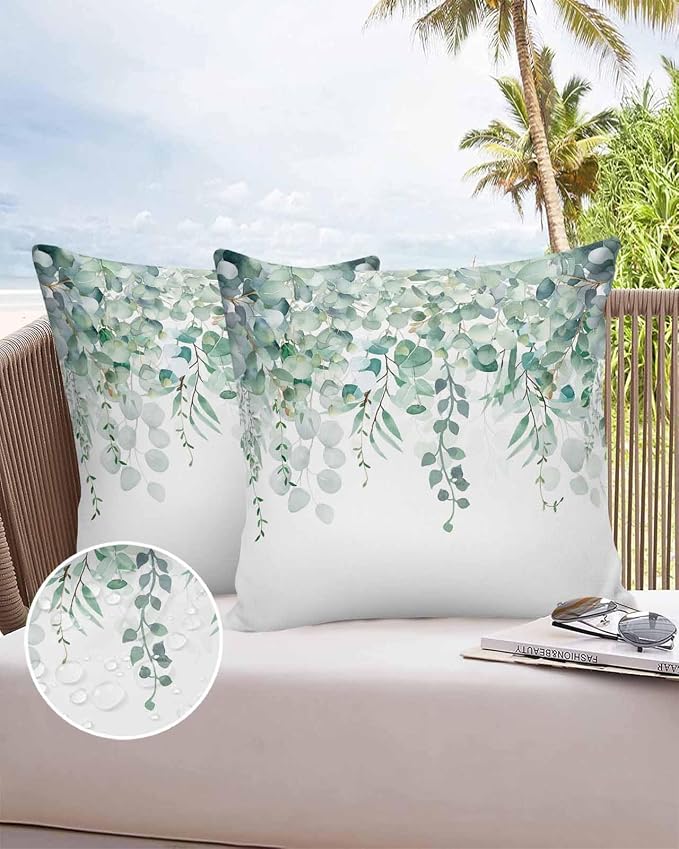Eucalyptus Leaves Outdoor Pillow Covers Pack of 2, Watercolor Green Plants Waterproof Pillow Covers Seasonal Spring Summer Throw Pillowcase for Patio Funiture Garden Tent, 26 x 26 inch