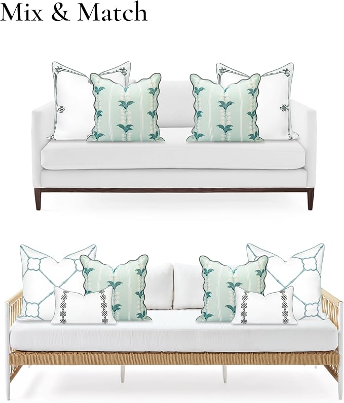 Hofdeco Premium Coastal Hampton Patio Indoor Outdoor Throw Pillow Cover Only, 20"x20" Water Repellent for Backyard, Couch, Poolside, Pale Forest Green Print Watercolor Striped Lily of the Valley