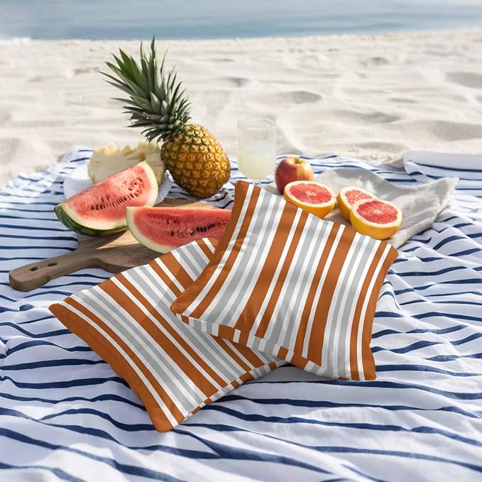 Burnt Orange Grey Stripe Outdoor Pillow Covers 20x20 Inch Throw Pillow Covers Set of 2 Waterproof Decorative Pillow Cases Farmhouse Minimalist Striped Cushion Covers for Patio Furniture Garden Couch