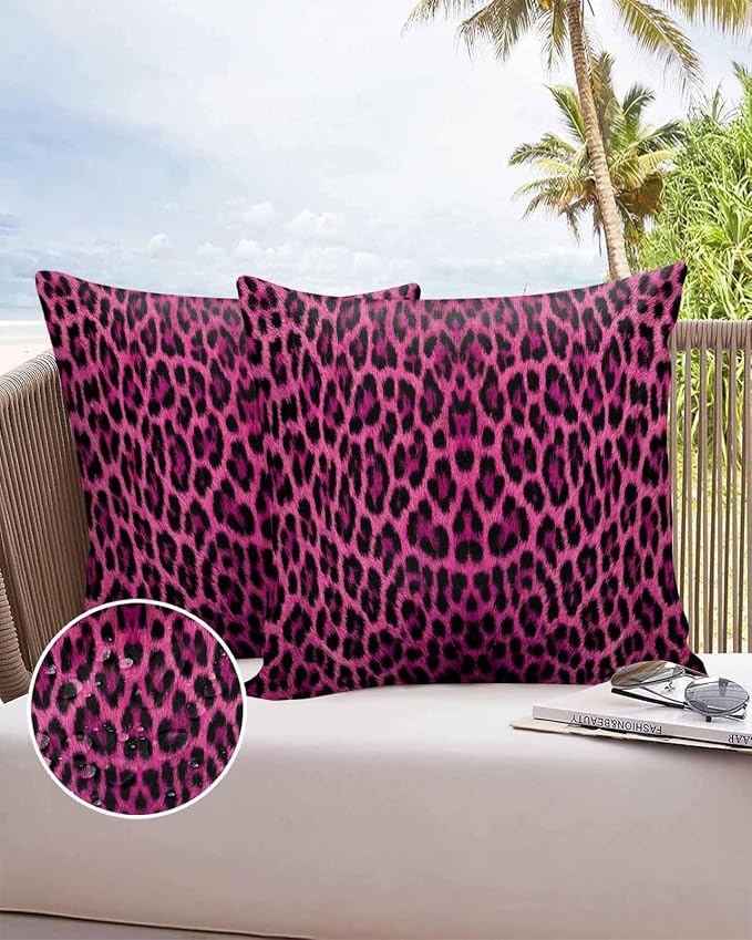 Vandarllin Outdoor Throw Pillows Covers 26x26 inch Set of 2 Waterproof Pink Leopard Print Decorative Zippered Cushion Covers for Patio Furniture, Retro Animal Fur Pattern Lumbar Pillowcases