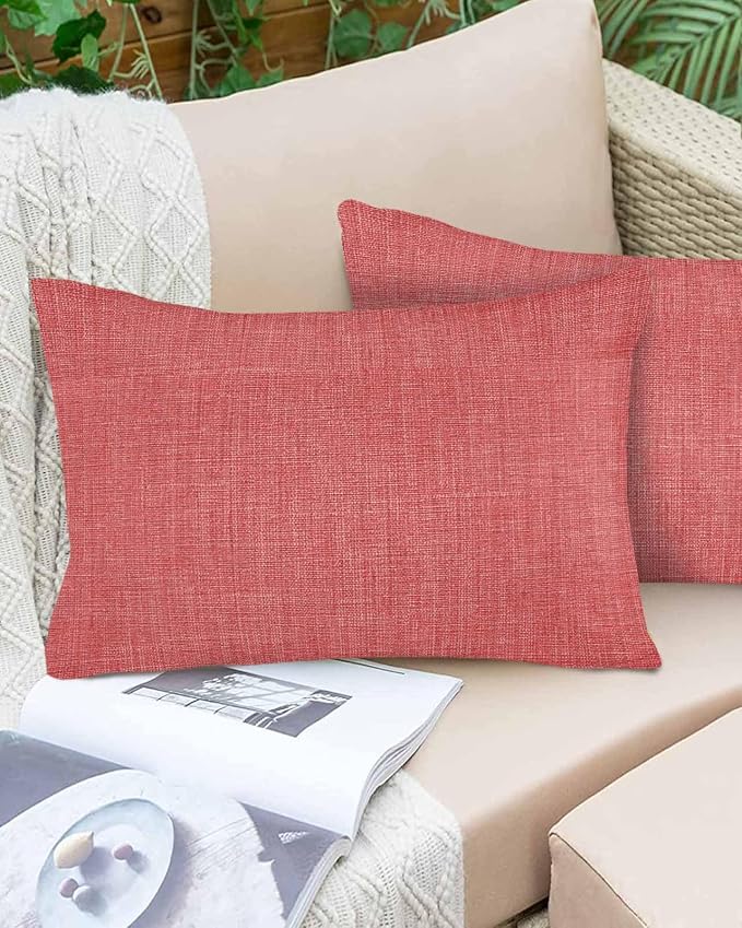 Vandarllin Outdoor Throw Pillows Covers 20x12 inch Set of 2 Waterproof Coral Red Linen Decorative Zippered Cushion Covers for Patio Furniture, Farmhouse Pure Color Lumbar Pillowcases