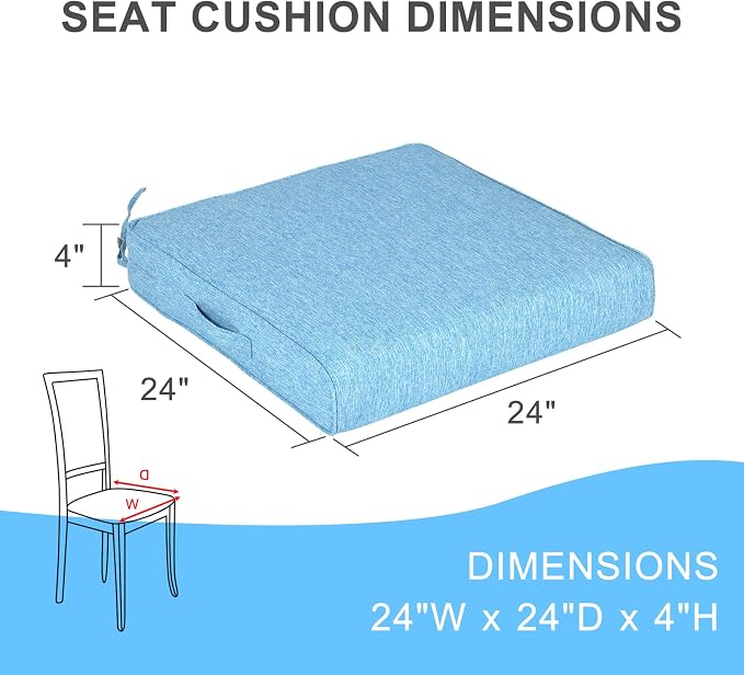 Aoodor Patio Chair Cushions Set of 2, 24 x 24 x 4 Inch Water Resistant Outdoor Seat Cushions with Handle and Ties, Square Corner Cushions for Patio Furniture Garden Lawn, Lake Blue