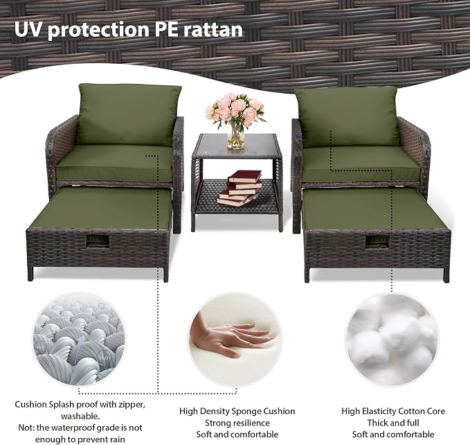 LEVELEVE Balcony Furniture 5 Piece Patio Conversation Set, PE Wicker Rattan Outdoor Lounge Chairs with Soft Cushions 2 Ottoman&Glass Table for Porch, Lawn-Brown Wicker（Army Green