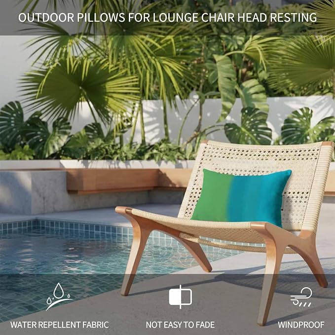 Color Ombre Striped Chaise Lounge Head Pillow, Minimalist Green Teal Blue Gradient Modern Water&Stain Proof Outdoor Chair Pillow with Strap&Insert for Garden Beach Pool Recliner, 12"x20", 1 PC