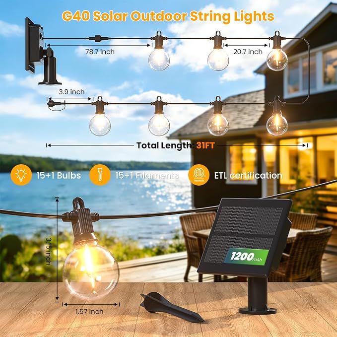 31FT Solar String Lights Outdoor Waterproof IP65 with USB-Charging , Solar Powered LED Patio Lights with 15+1 Shatterproof G40 Globe Bulbs, Hanging Lights for Outside Backyard Garden Bistro Gazebo