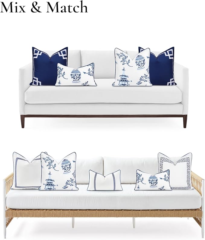 Hofdeco Premium Coastal Patio Indoor Outdoor Throw Pillow Cover Only, 20"x20" Water Repellent for Backyard, Couch, Navy Blue Chinoiserie with Piping