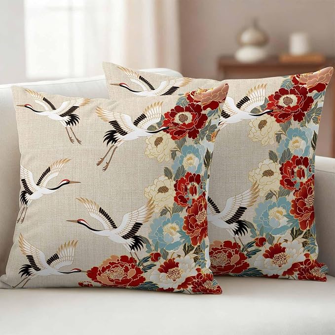 Japanese Style Outdoor Pillow Covers 20x20 Inch Throw Pillow Covers Set of 2 Waterproof Decorative Pillow Cases Country Vintage Blossom Peony Birds Cushion Covers for Patio Furniture Garden Couch Sofa