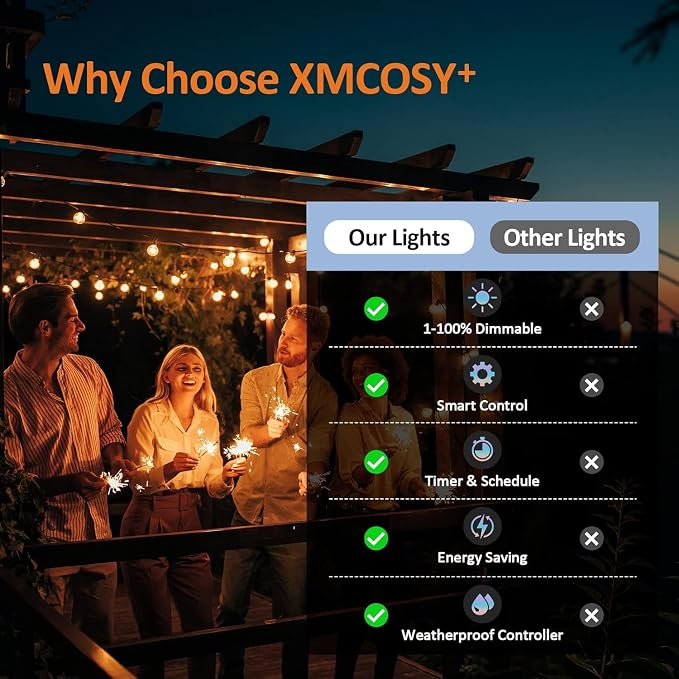 XMCOSY+ Smart Outdoor String Lights, 150Ft G40 Globe Patio Lights with 75 LED Bulbs, WiFi & APP Control, Work with Alexa, Extendable Waterproof Dimmable LED String Lights for Outside, Porch, Cafe | Smart WiFi APP control compatible with Alexa, globe bu...