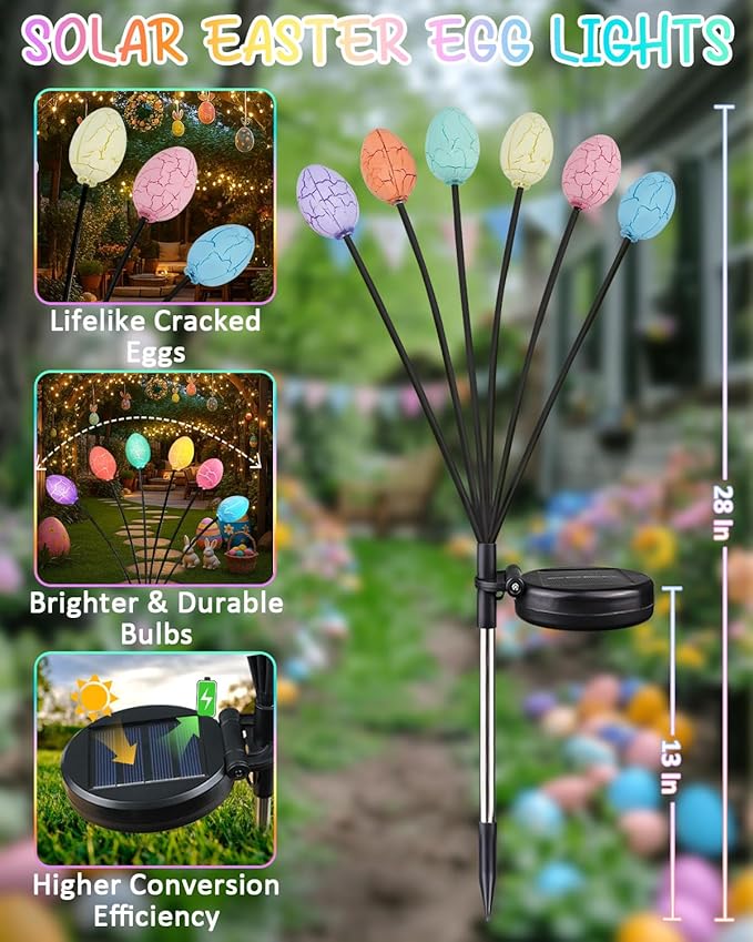 4 Pack Solar Easter Egg Lights, Firefly Lights Solar Outdoor Waterproof | 2 Lighting Modes Garden Lights, Sway with Wind, Solar lights Outdoor for Spring Lawn Yard Patio Porch Easter Decorations