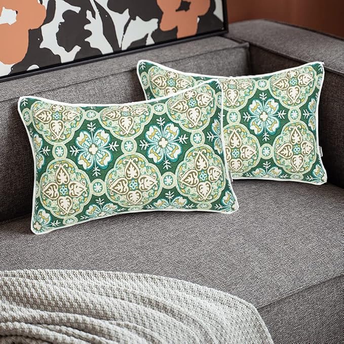 FUNHOME Outdoor Lumbar Pillow Covers 12X20 Inch, No Insert-Green Medal | Patio Lumbar Cases Pack of 2, Water-Repellent, Throw Pillowcase for Couch Garden Furniture