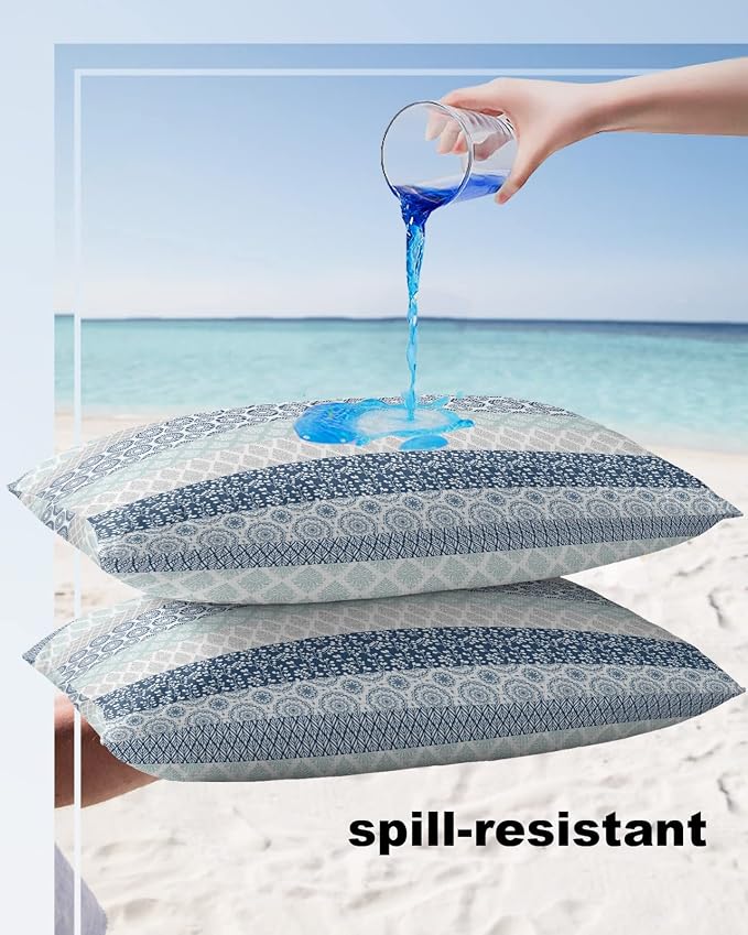 Outdoor Waterproof Throw Pillow Covers Set of 2 Blue Boho Stripe Tribal Vingtage Lumbar Pillowcases 20x12 Inches Bohemian Style Decorative Pillows Cushion Case Patio Pillows for Couch Bed Garden
