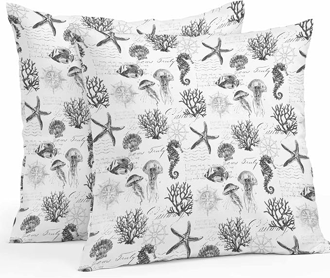 Gray Coastal Waterproof Outdoor Pillow Covers Set of 2 Home Decor, Retro Nautical Starfish Coral Jellyfish Pillowcase Patio Pillow Covers for Couch Bench Furniture Garden 18x18in