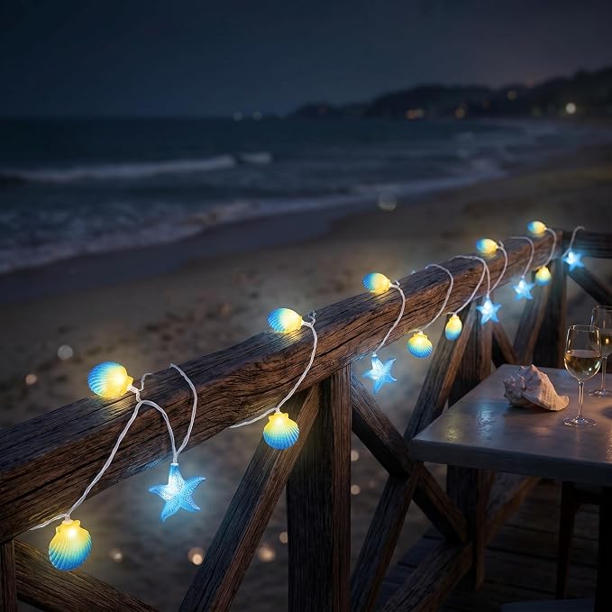 8.5Ft Beach Themed Seashell String Lights, 10L LED Starfish Seashell Lights | Plug in for Boho Coastal Bedroom Seashell Party Nautical Party Holiday Decor, Indoor Outdoor