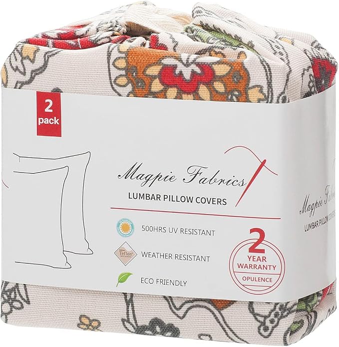Magpie Fabrics Pack of 2 Outdoor Lumbar Pillow Case Covers 12"x20", Waterproof Rectangular Throw Pillowcase Shell Decorative Sham for Patio Garden Couch - Paisley Red Beige