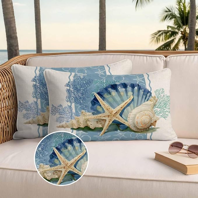 Coastal Oceans Waterproof Outdoor Pillow Covers Set of 2 Home Decor, Summer Beach Corals Shells Starfish Cotton Linen Pillowcase Patio Pillow Covers for Couch Bench Furniture Garden 20x12in