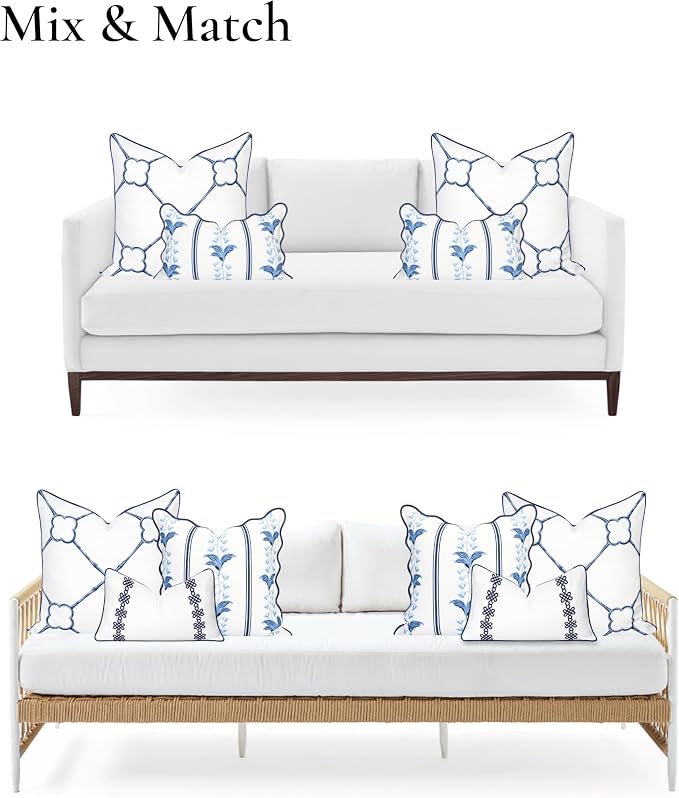 Hofdeco Premium Coastal Hampton Patio Indoor Outdoor Throw Pillow Cover Only, 22"x22" Water Repellent for Backyard, Couch, Poolside, Navy Azure Blue Print Bamboo Trellis
