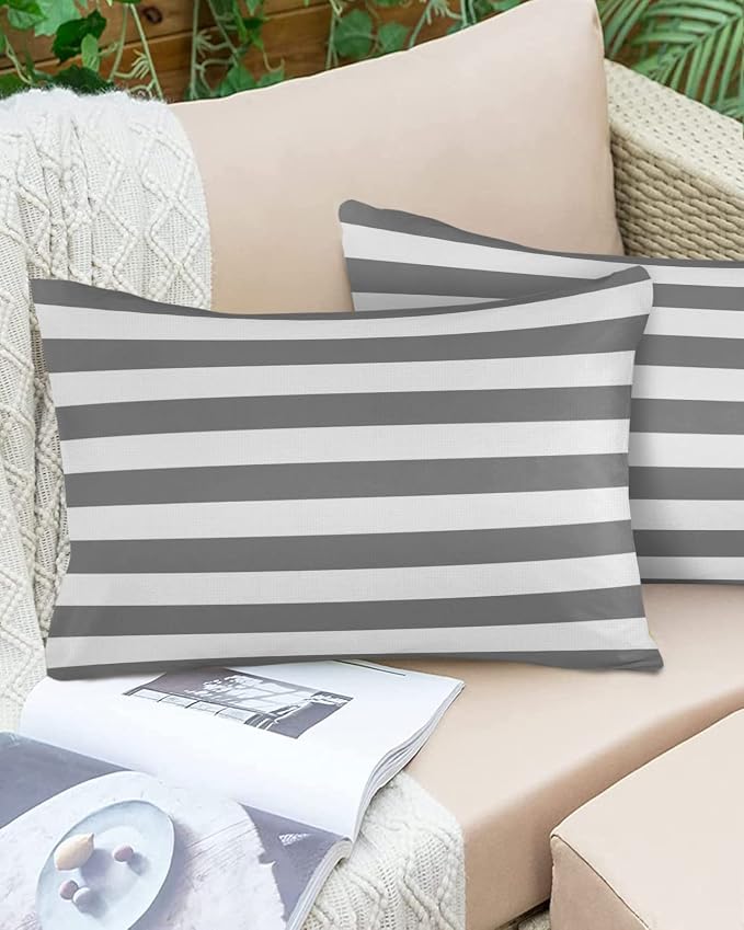 Lumbar Throw Pillow Covers 12x20 Outdoor Waterproof Pillow Covers for Patio Furniture Grey White Stripes Decorative Throw Pillow Cover Striped Pillowcases Set of 2 Cushion Case for Sofa Couch Chair