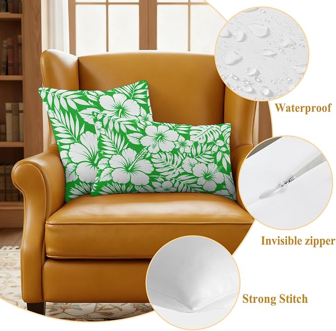 Green Hibiscus Flowers Waterproof Outdoor Pillow Covers Set of 2 Home Decor, Tropical Monstera Leaves Pillowcase Patio Pillow Covers for Couch Bench Patio Furniture Garden 26x26in