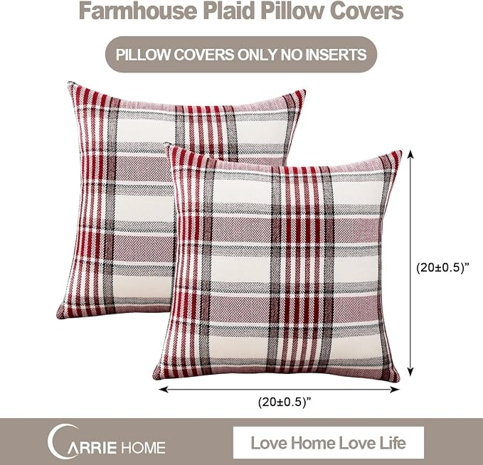 CARRIE HOME Red Tartan Christmas Plaid Pillow Covers 20x20 Set of 2 Farmhouse Buffalo Plaid Red Striped Throw Pillow Cover for Living Room Couch Sofa