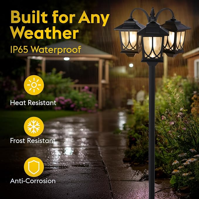 3-Head Solar Lamp Post Light, 73" Solar Lights Outdoor Waterproof, 60Lm 3000K Pathway Lights for Garden, Lawn, Yard
