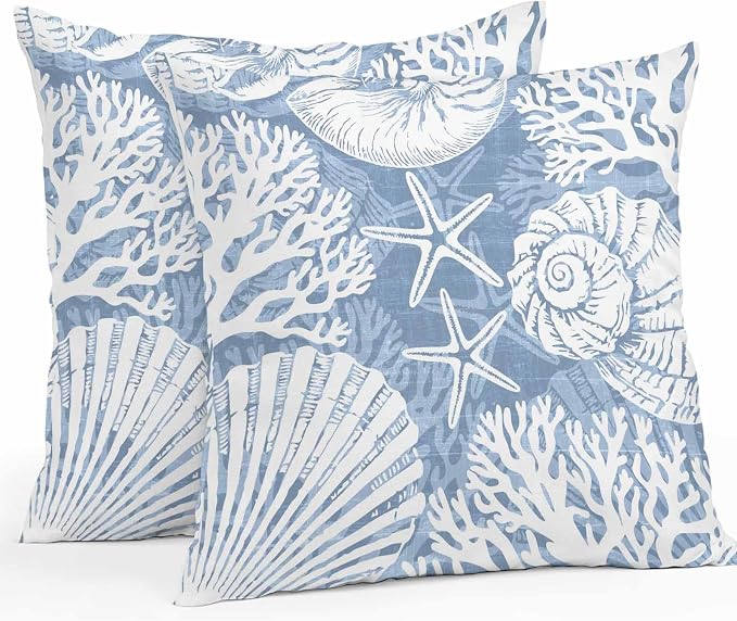 Outdoor Pillow Covers 18x18 Inch Set of 2, Lake Blue Starfish Coastal Waterproof Throw Pillow Covers, Summer Coral Shell Beach Nautical Decorative Cushion Pillowcases for Couch Sofa Bed Garden Patio