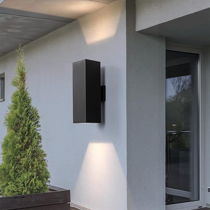 mirrea 18" Modern Outdoor Porch Light in 2 Lights, Matte Black, 2 Pack | Patio wall sconce, aluminum rectangular tube, tempered glass, waterproof. Up & down lighting for outdoor wall mount fixture.
