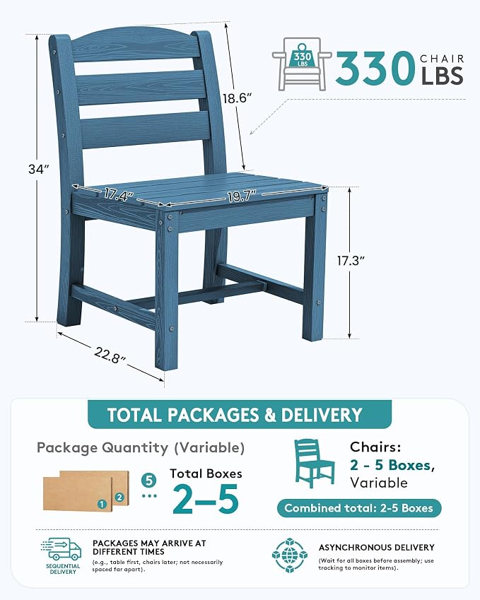SERWALL Outdoor Armless Dining Chairs Set of 2, All-Weather HDPE Patio Chair with 19.7" Widened Seat, for Backyard, Garden, Blue