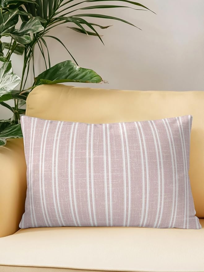 Waterproof Outdoor Pillow 1 Pack Red Linen Striped Decorative Throw Pillows Cover & Insert 20x12 Inch Lumbar Pillowcase Vertical Stripes Lines Pillows for Couch Sofa Bed Patio Furniture Indoor Outdoor