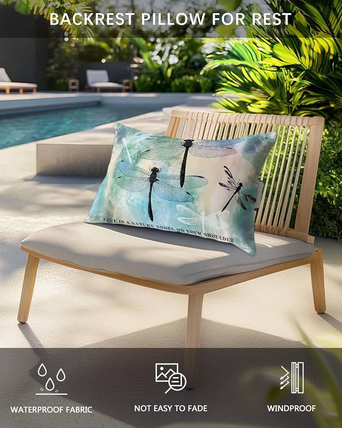 Pack of 2 Outdoor Lumbar Pillow Covers 12x20 Inch, Turquoise Ombre Dragonfly Waterproof Throw Pillow Covers Set, Abstract Modern Art Gradient Indoor&Outdoor Cushion Cases for Patio Porch Beach