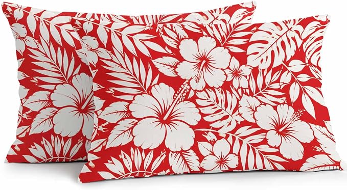 Red Hibiscus Flowers Waterproof Outdoor Pillow Covers Set of 2 Home Decor, Tropical Monstera Leaves Lumbar Pillowcase Patio Pillow Covers for Couch Bench Patio Furniture Garden 20x12in