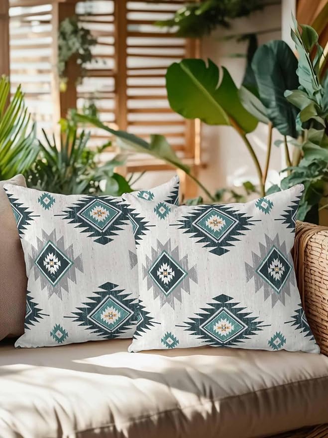 Waterproof Outdoor Pillow Set of 2 Turquoise Boho Aztec Decorative Throw Pillows Cover & Insert 16x16 Inch Pillowcase Southwest Tribal Style Pillows for Couch Sofa Bed Patio Furniture Indoor Outdoor