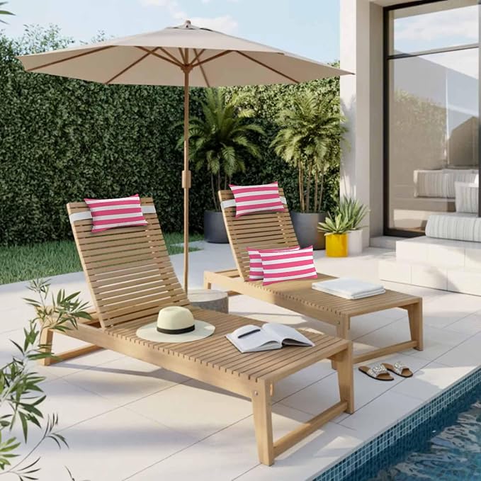 Pink Striped Outdoor Pillows for Chaise Lounge Chair Beach Headrest Pillow Set of 2 Waterproof Lumbar Pillows with InsertModern Simple Monochrome Geometric White Recliner Pillow for Patio Pool 11"x16"