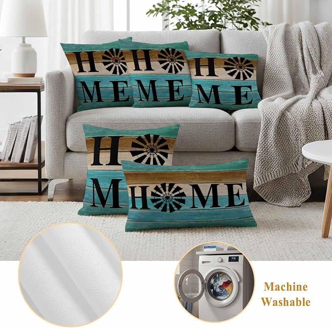 Outdoor Pillow Covers Set of 2, Home Farm Retro Wood Board Decorative Throw Pillow Covers 18X18IN, Teal Gradient Wooden Throw Pillows Protector Cushion Case for Patio,Couch,Sofa,Garden