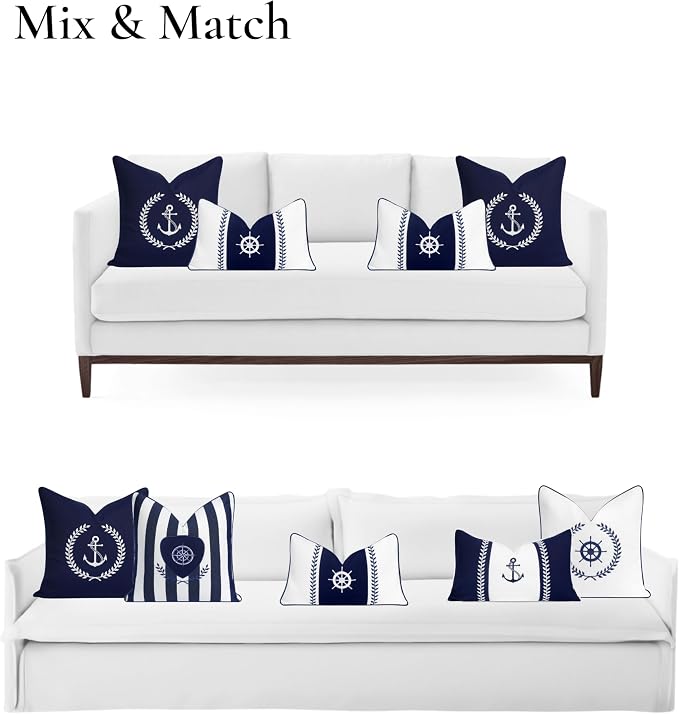 Hofdeco Premium Coastal Outdoor Performance Throw Pillow Cover Only, 18"x18" Water Repellent, UV and Fade Resistant for Backyard, Couch, Poolside, Navy Blue Embroidered Nautical Yacht Anchor