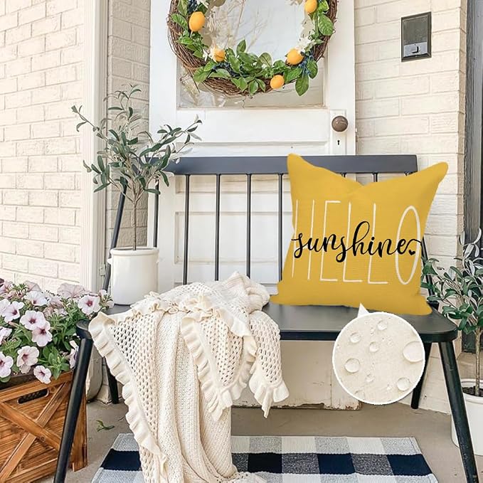 RABUSOFA Outdoor Pillows Waterproof Decorative Throw Pillows,18x18 Inch Hello Sunshine Summer Pillow Covers,Mustard Outdoor Pillow Cases for Patio Furniture(2-18) (18"x18")