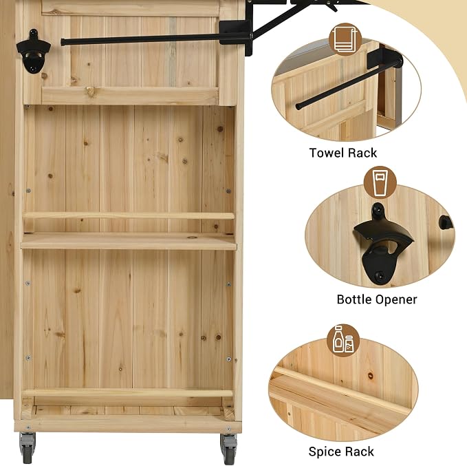 Outdoor Kitchen Island Fir Wood Kitchen Island with Stainless Steel Top,Ample Storage Space, Towel and Spice Racks and a Bottle Opener for Outdoor (Natural Wood@53)