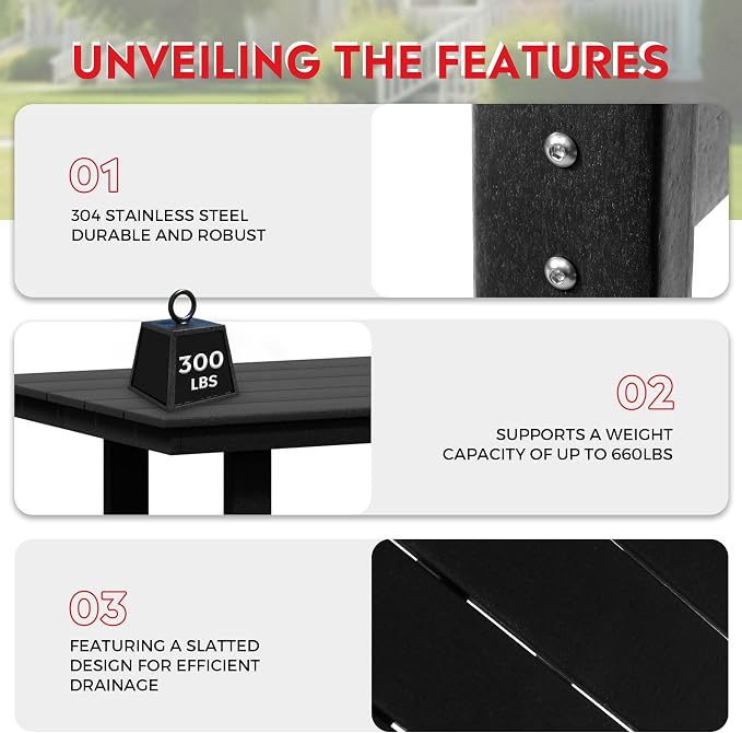Costaelm Outdoor Patio Table, Outdoor Dining Table for 6, Weather Resistant Rectangle Patio Table with Umbrella Hole for Outside, Garden, Poolside, Porch, Black